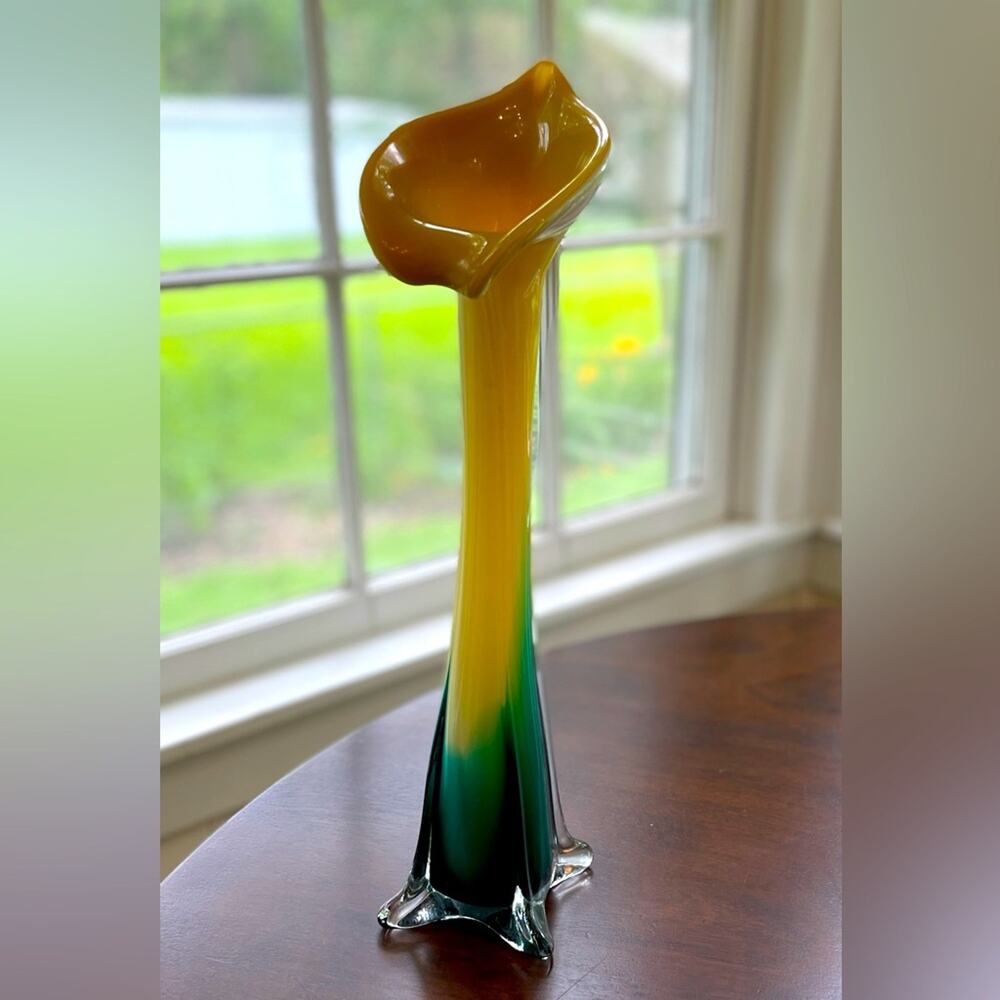 Hand Blown Jack In The Pulpit Calla Lily Art Glass Vase 15.5" Ombre Yellow Teal‎